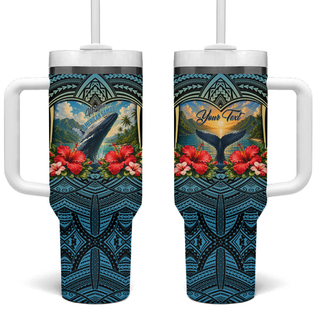 Personalized Masefau American Samoa Whale Tumbler With Handle Polynesian Tribal Pattern Tropical Hibiscus TS04 One Size: 40 oz Black Blue - Polynesian Pride