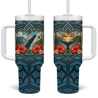 Personalized Masefau American Samoa Whale Tumbler With Handle Polynesian Tribal Pattern Tropical Hibiscus TS04 One Size: 40 oz Black Blue - Polynesian Pride