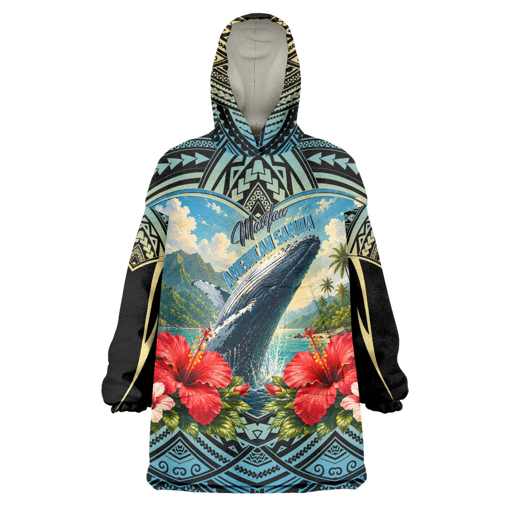 Personalized Masefau American Samoa Whale Wearable Blanket Hoodie Polynesian Tribal Pattern Tropical Hibiscus TS04 One Size Black Blue - Polynesian Pride