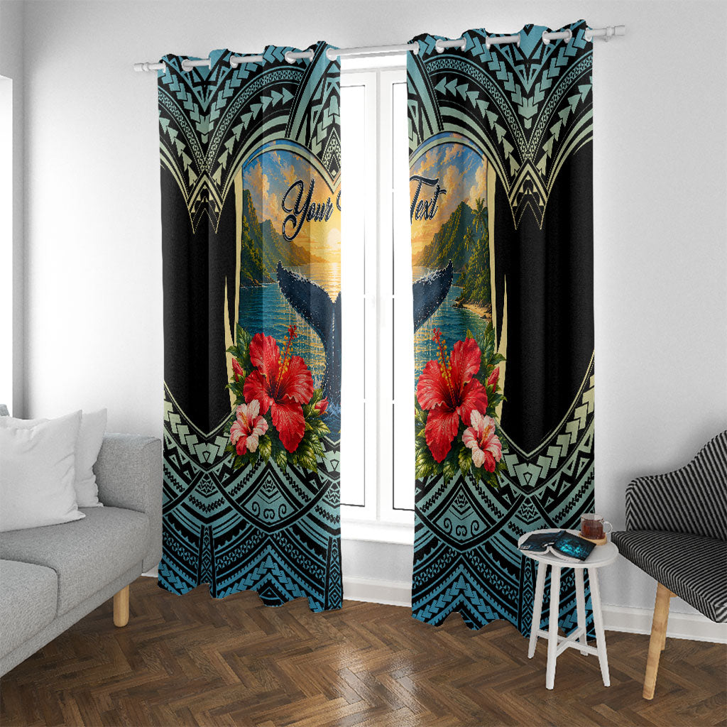 Personalized Masefau American Samoa Whale Window Curtain Polynesian Tribal Pattern Tropical Hibiscus TS04 With Grommets Black Blue - Polynesian Pride