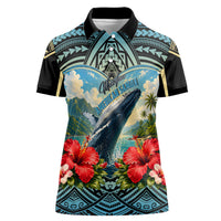 Personalized Masefau American Samoa Whale Women Polo Shirt Polynesian Tribal Pattern Tropical Hibiscus TS04 Female Black Blue - Polynesian Pride