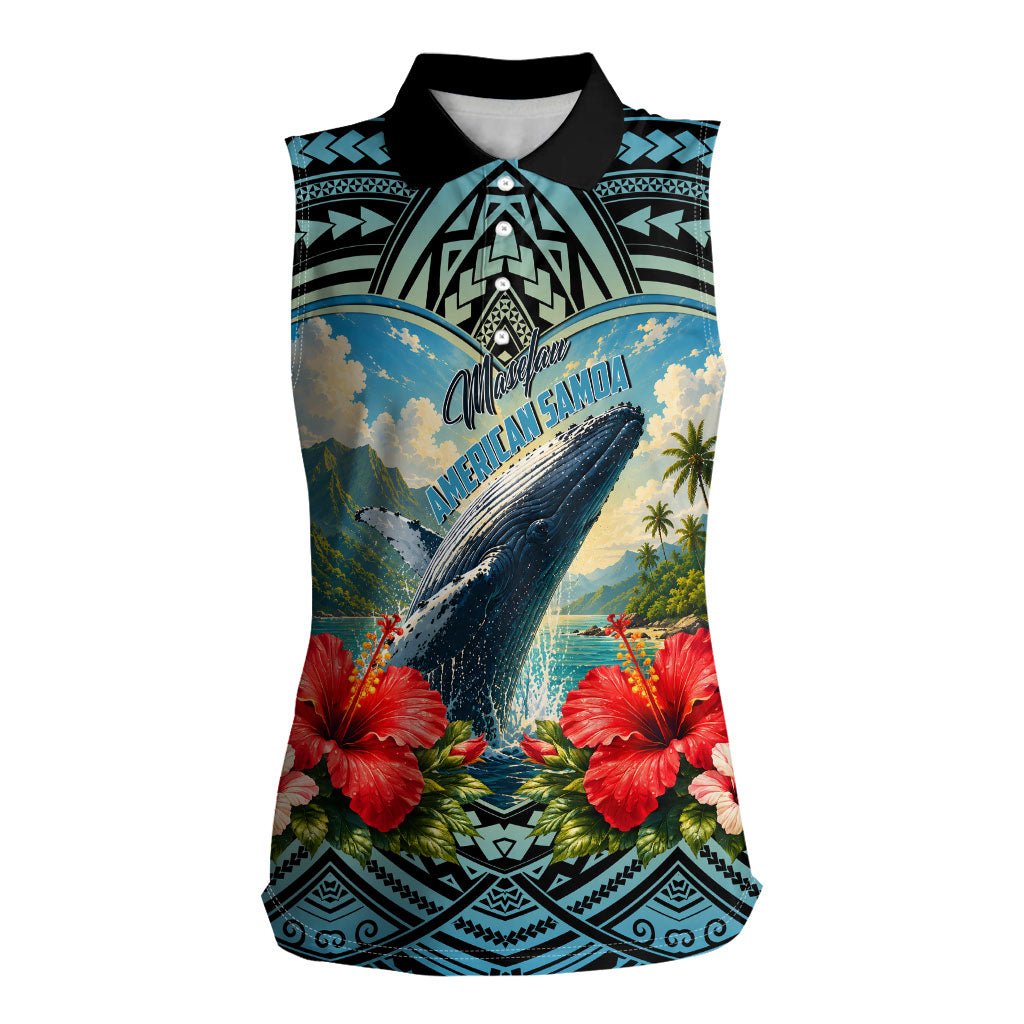 Personalized Masefau American Samoa Whale Women Sleeveless Polo Shirt Polynesian Tribal Pattern Tropical Hibiscus TS04 Female Black Blue - Polynesian Pride