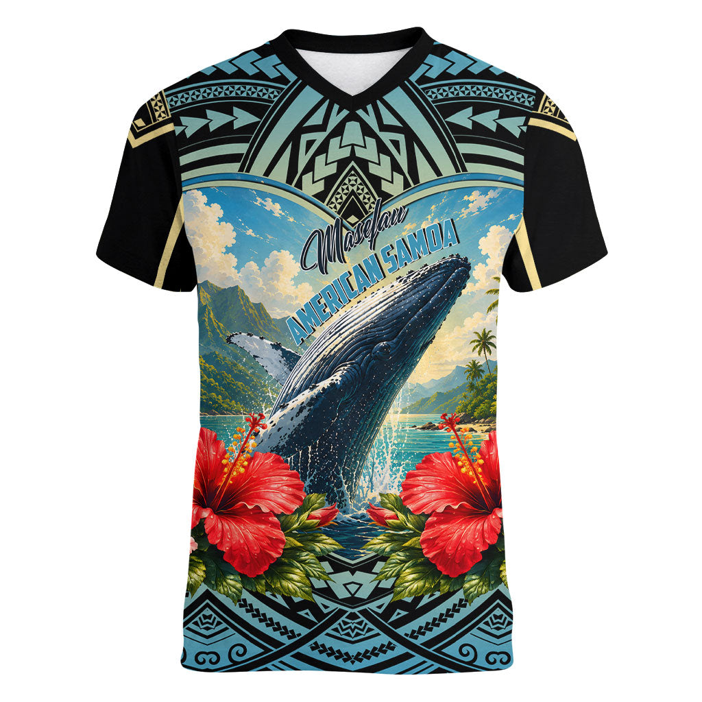 Personalized Masefau American Samoa Whale Women V-Neck T-Shirt Polynesian Tribal Pattern Tropical Hibiscus TS04 Female Black Blue - Polynesian Pride