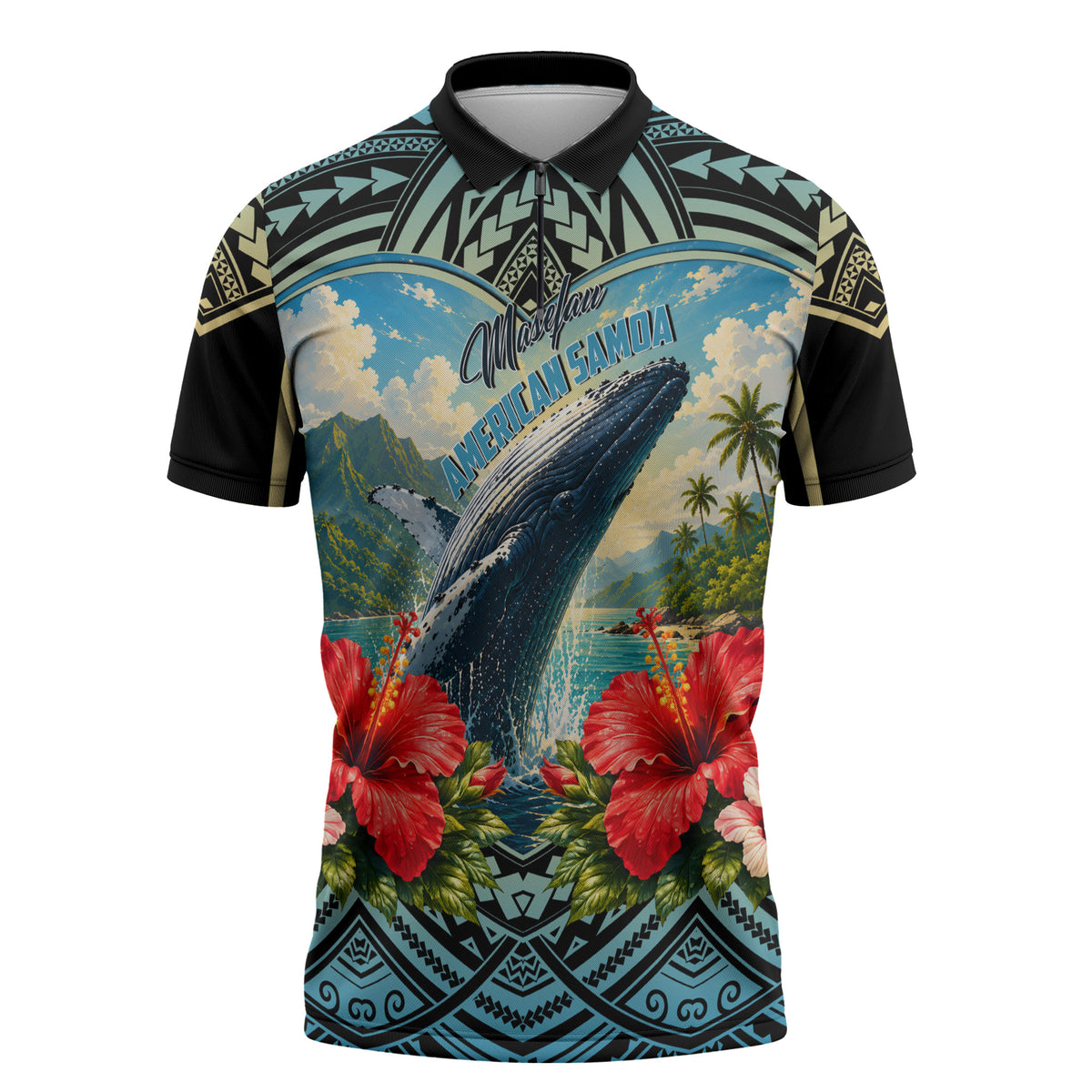 Personalized Masefau American Samoa Whale Zipper Polo Shirt Polynesian Tribal Pattern Tropical Hibiscus TS04 Black Blue - Polynesian Pride