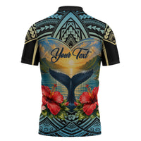 Personalized Masefau American Samoa Whale Zipper Polo Shirt Polynesian Tribal Pattern Tropical Hibiscus TS04 - Polynesian Pride