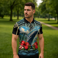 Personalized Masefau American Samoa Whale Zipper Polo Shirt Polynesian Tribal Pattern Tropical Hibiscus TS04 - Polynesian Pride