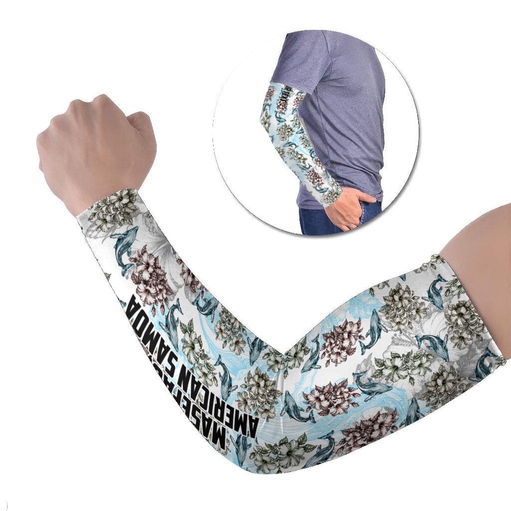 Personalized Masefau American Samoa Arm Sleeves Vintage Whale Hibiscus Ocean Waves TS04 Set of 2 White Blue - Polynesian Pride