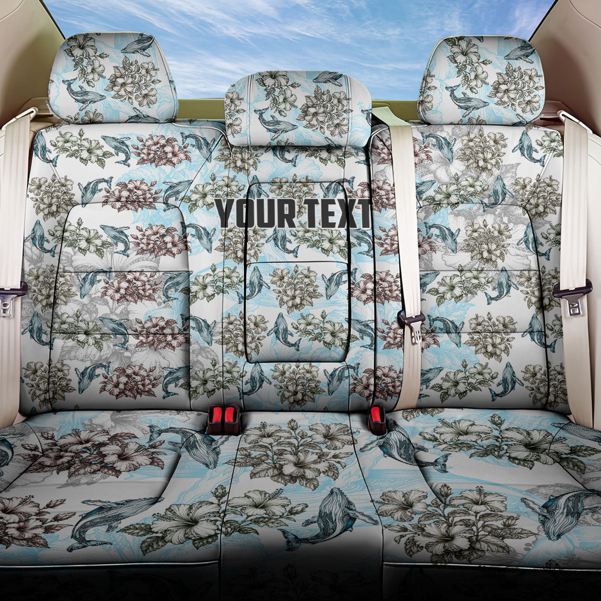 Personalized Masefau American Samoa Back Car Seat Cover Vintage Whale Hibiscus Ocean Waves TS04 One Size White Blue - Polynesian Pride