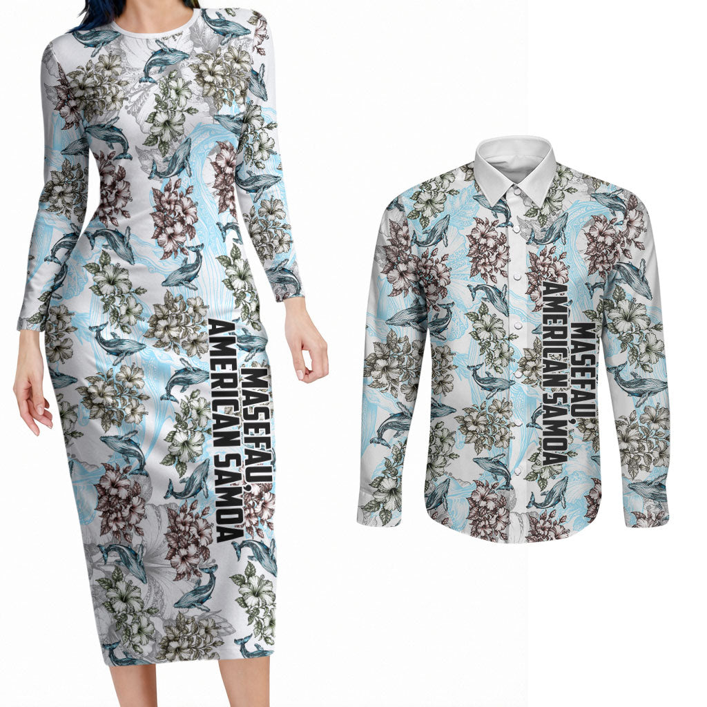 Personalized Masefau American Samoa Couples Matching Long Sleeve Bodycon Dress and Long Sleeve Button Shirt Vintage Whale Hibiscus Ocean Waves TS04 White Blue - Polynesian Pride