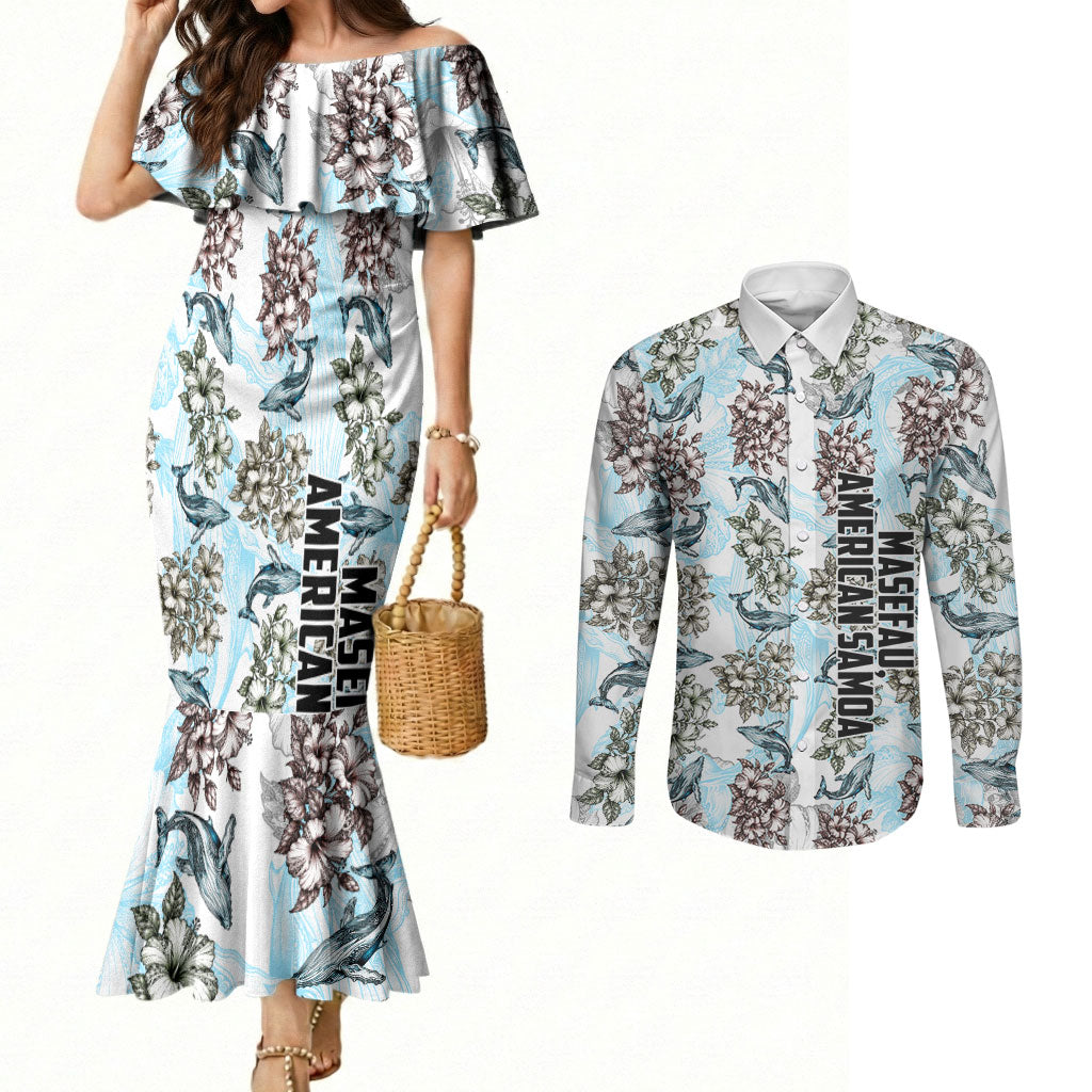 Personalized Masefau American Samoa Couples Matching Mermaid Dress and Long Sleeve Button Shirt Vintage Whale Hibiscus Ocean Waves TS04 White Blue - Polynesian Pride