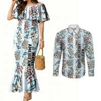 Personalized Masefau American Samoa Couples Matching Mermaid Dress and Long Sleeve Button Shirt Vintage Whale Hibiscus Ocean Waves TS04 White Blue - Polynesian Pride