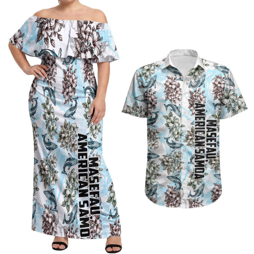 Personalized Masefau American Samoa Couples Matching Off Shoulder Maxi Dress and Hawaiian Shirt Vintage Whale Hibiscus Ocean Waves TS04 White Blue - Polynesian Pride