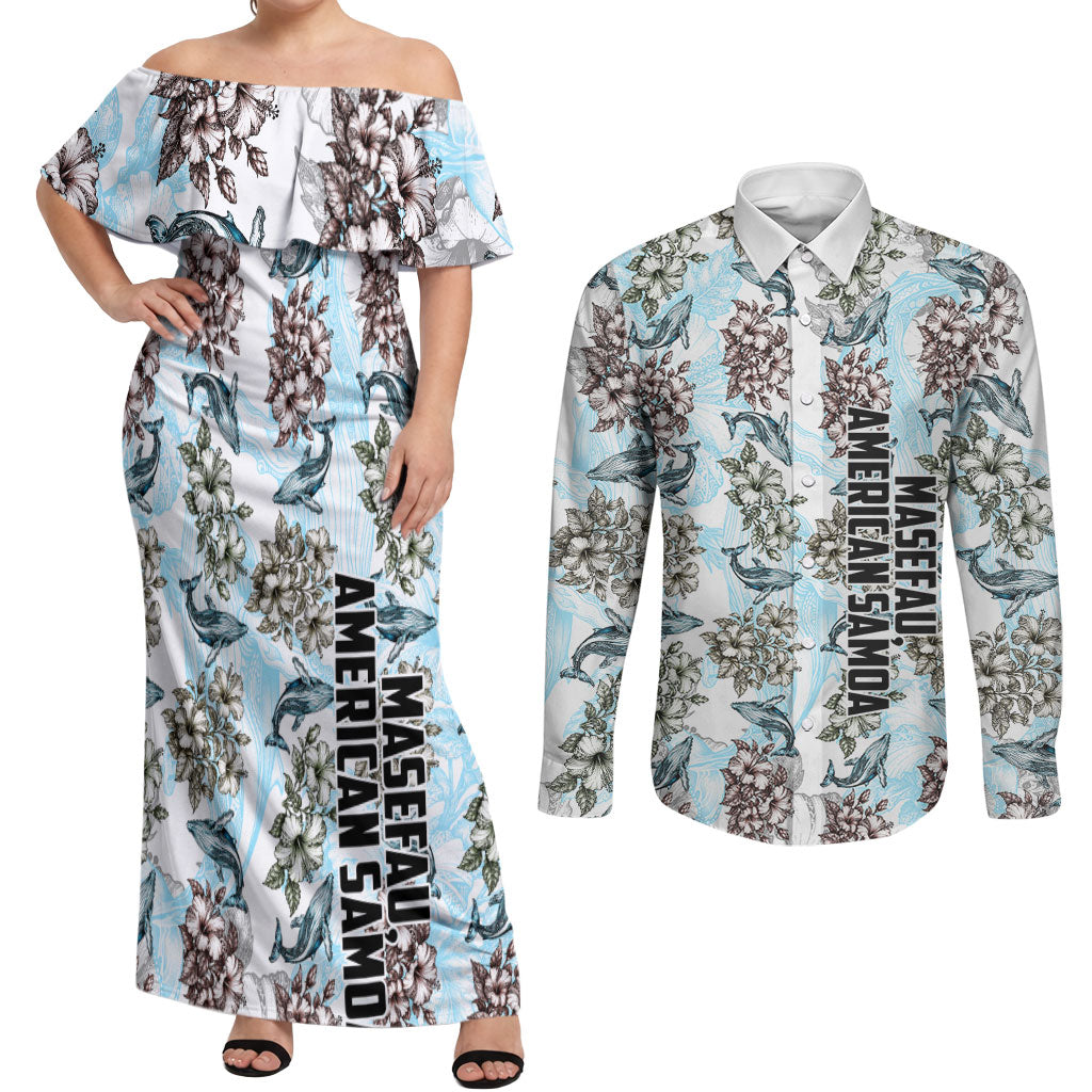 Personalized Masefau American Samoa Couples Matching Off Shoulder Maxi Dress and Long Sleeve Button Shirt Vintage Whale Hibiscus Ocean Waves TS04 White Blue - Polynesian Pride