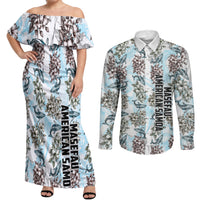Personalized Masefau American Samoa Couples Matching Off Shoulder Maxi Dress and Long Sleeve Button Shirt Vintage Whale Hibiscus Ocean Waves TS04 White Blue - Polynesian Pride