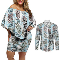 Personalized Masefau American Samoa Couples Matching Off Shoulder Short Dress and Long Sleeve Button Shirt Vintage Whale Hibiscus Ocean Waves TS04 White Blue - Polynesian Pride