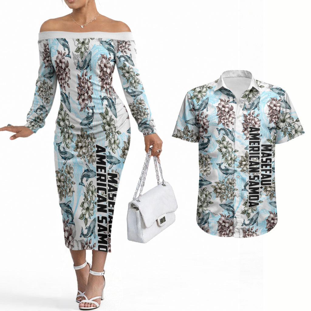 Personalized Masefau American Samoa Couples Matching Off The Shoulder Long Sleeve Dress and Hawaiian Shirt Vintage Whale Hibiscus Ocean Waves TS04 White Blue - Polynesian Pride