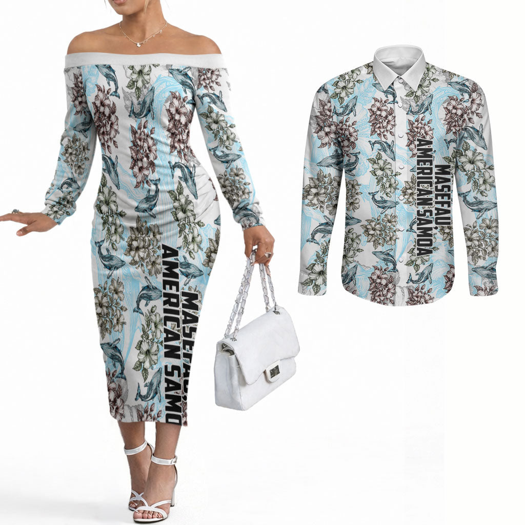 Personalized Masefau American Samoa Couples Matching Off The Shoulder Long Sleeve Dress and Long Sleeve Button Shirt Vintage Whale Hibiscus Ocean Waves TS04 White Blue - Polynesian Pride