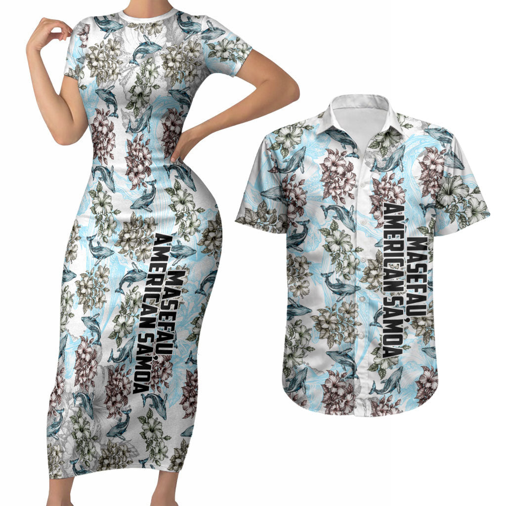 Personalized Masefau American Samoa Couples Matching Short Sleeve Bodycon Dress and Hawaiian Shirt Vintage Whale Hibiscus Ocean Waves TS04 White Blue - Polynesian Pride