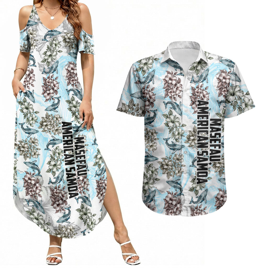 Personalized Masefau American Samoa Couples Matching Summer Maxi Dress and Hawaiian Shirt Vintage Whale Hibiscus Ocean Waves TS04 White Blue - Polynesian Pride