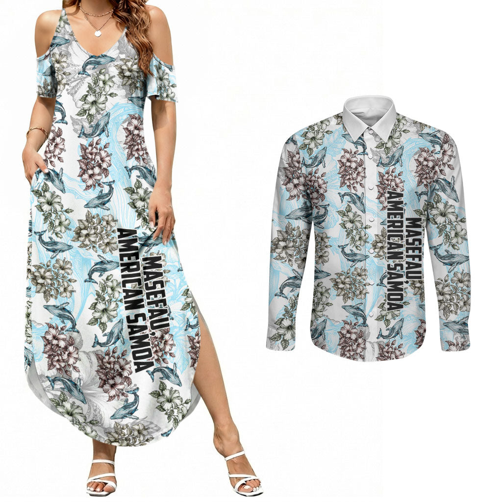 Personalized Masefau American Samoa Couples Matching Summer Maxi Dress and Long Sleeve Button Shirt Vintage Whale Hibiscus Ocean Waves TS04 White Blue - Polynesian Pride
