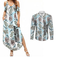Personalized Masefau American Samoa Couples Matching Summer Maxi Dress and Long Sleeve Button Shirt Vintage Whale Hibiscus Ocean Waves TS04 White Blue - Polynesian Pride