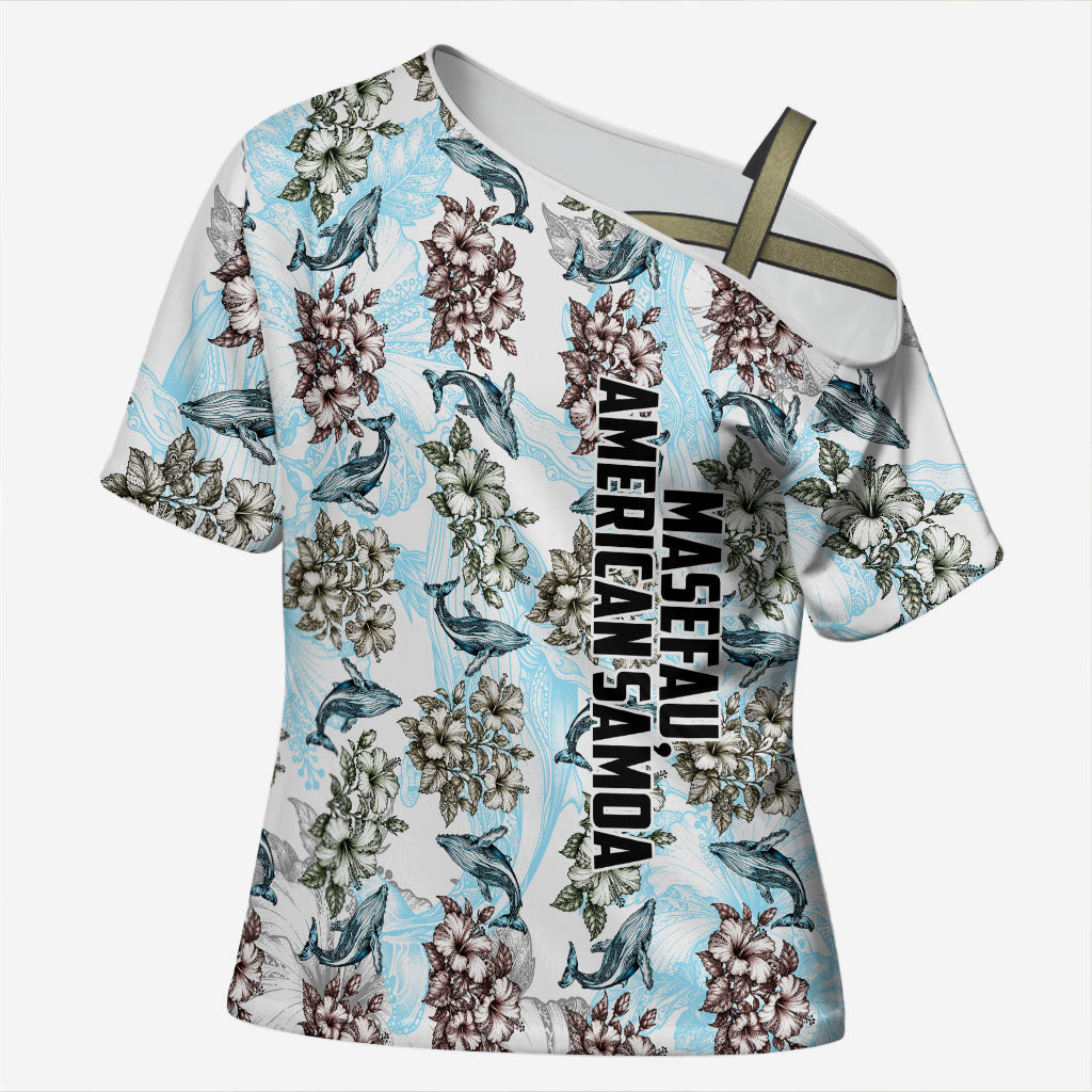 Personalized Masefau American Samoa Cross Shoulder Shirt Vintage Whale Hibiscus Ocean Waves TS04 Female White Blue - Polynesian Pride