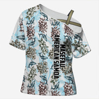Personalized Masefau American Samoa Cross Shoulder Shirt Vintage Whale Hibiscus Ocean Waves TS04 Female White Blue - Polynesian Pride