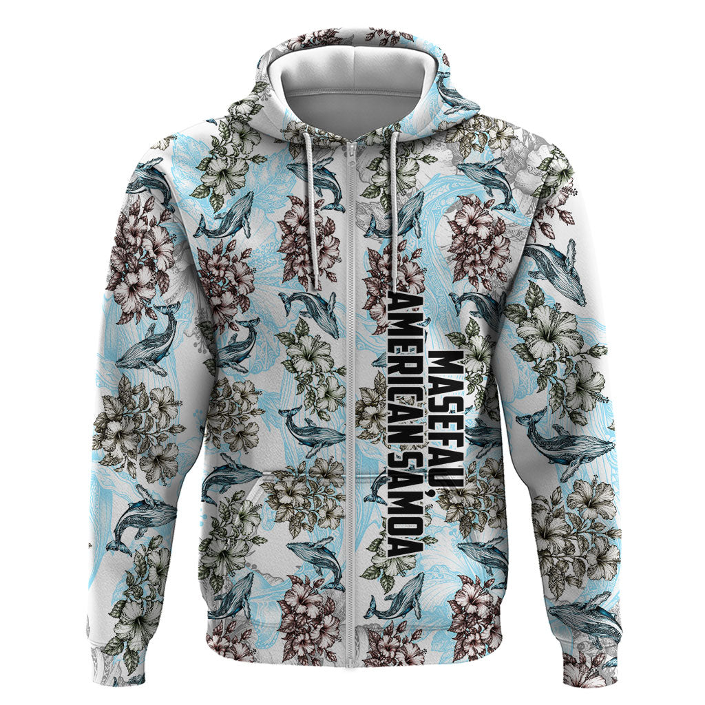 Personalized Masefau American Samoa Hoodie Vintage Whale Hibiscus Ocean Waves TS04 Zip Hoodie White Blue - Polynesian Pride
