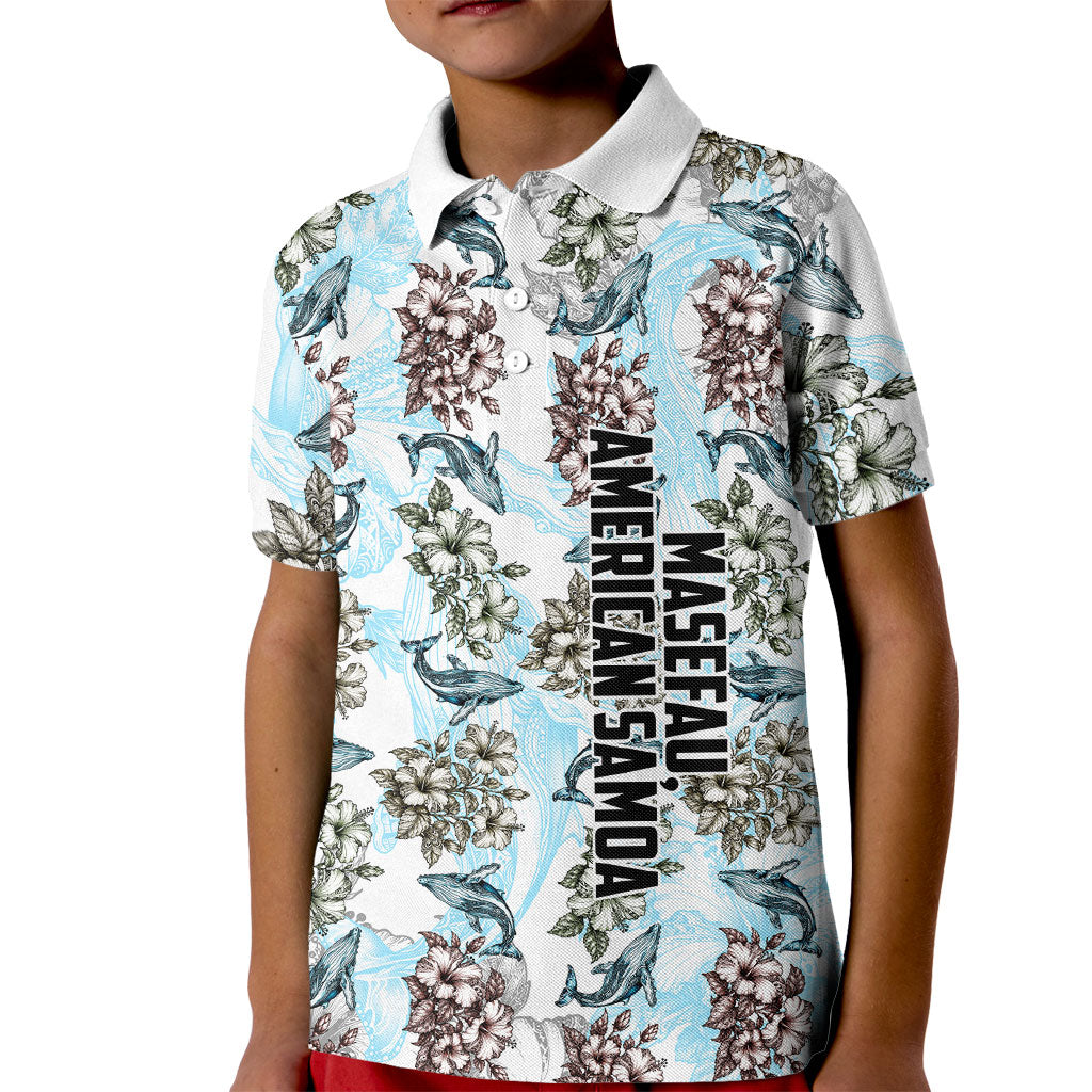 Personalized Masefau American Samoa Kid Polo Shirt Vintage Whale Hibiscus Ocean Waves TS04 Kid White Blue - Polynesian Pride