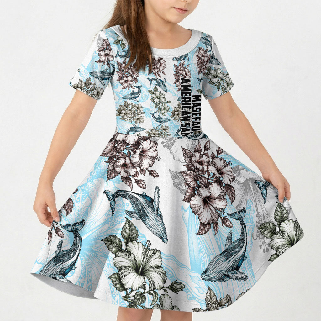 Personalized Masefau American Samoa Kid Short Sleeve Dress Vintage Whale Hibiscus Ocean Waves TS04 KID White Blue - Polynesian Pride