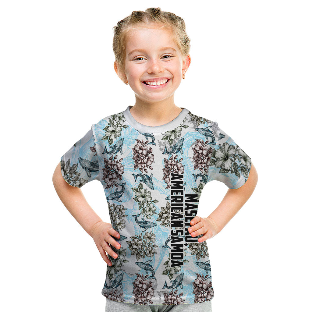 Personalized Masefau American Samoa Kid T Shirt Vintage Whale Hibiscus Ocean Waves TS04 White Blue - Polynesian Pride