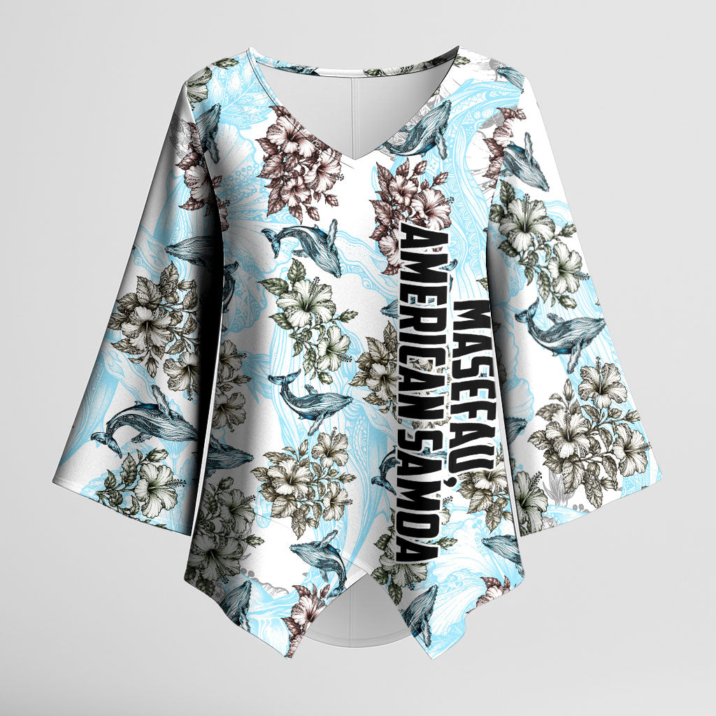 Personalized Masefau American Samoa Kimono Sleeve Blouse Vintage Whale Hibiscus Ocean Waves TS04 Female White Blue - Polynesian Pride