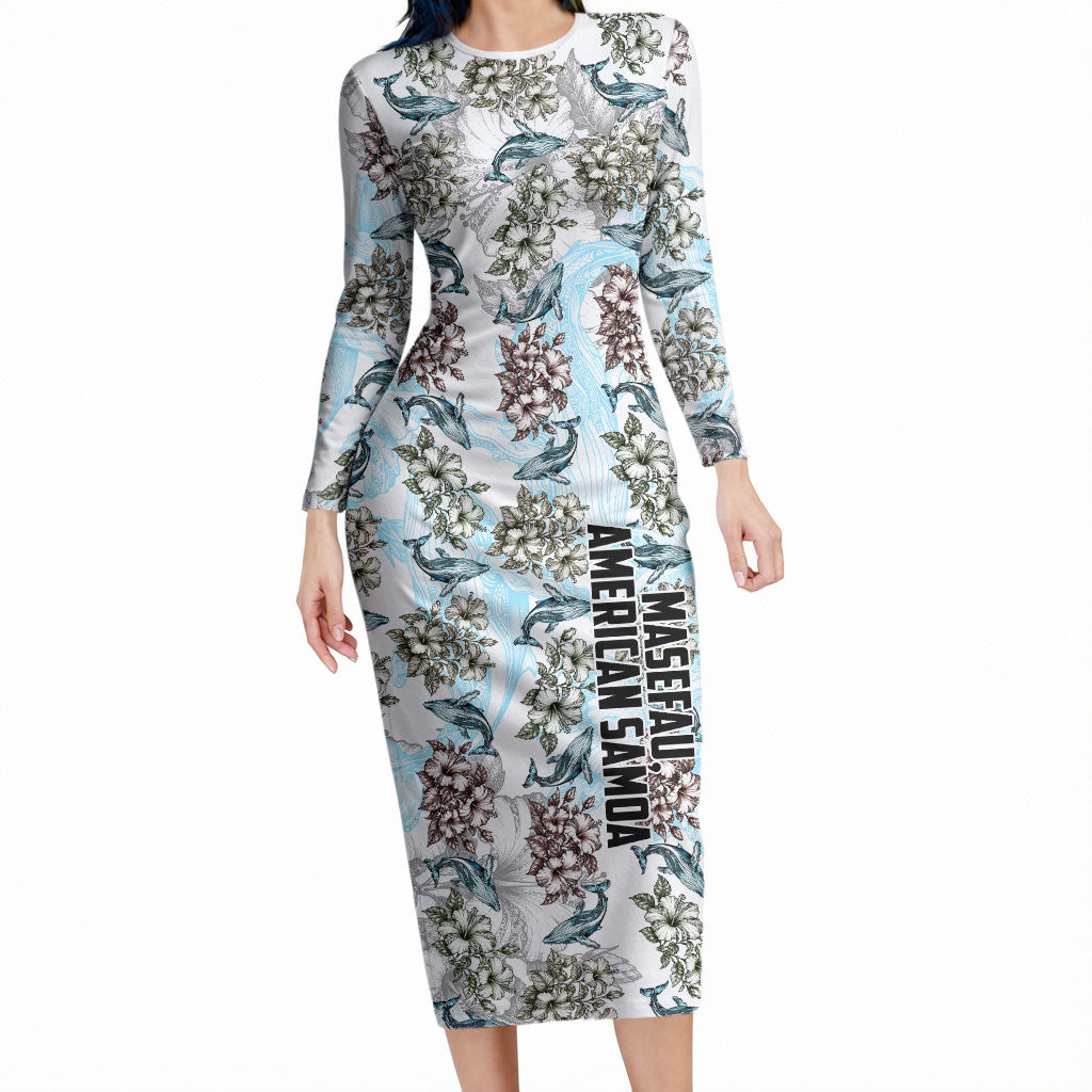 Personalized Masefau American Samoa Long Sleeve Bodycon Dress Vintage Whale Hibiscus Ocean Waves TS04 Long Dress White Blue - Polynesian Pride