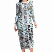 Personalized Masefau American Samoa Long Sleeve Bodycon Dress Vintage Whale Hibiscus Ocean Waves TS04 Long Dress White Blue - Polynesian Pride