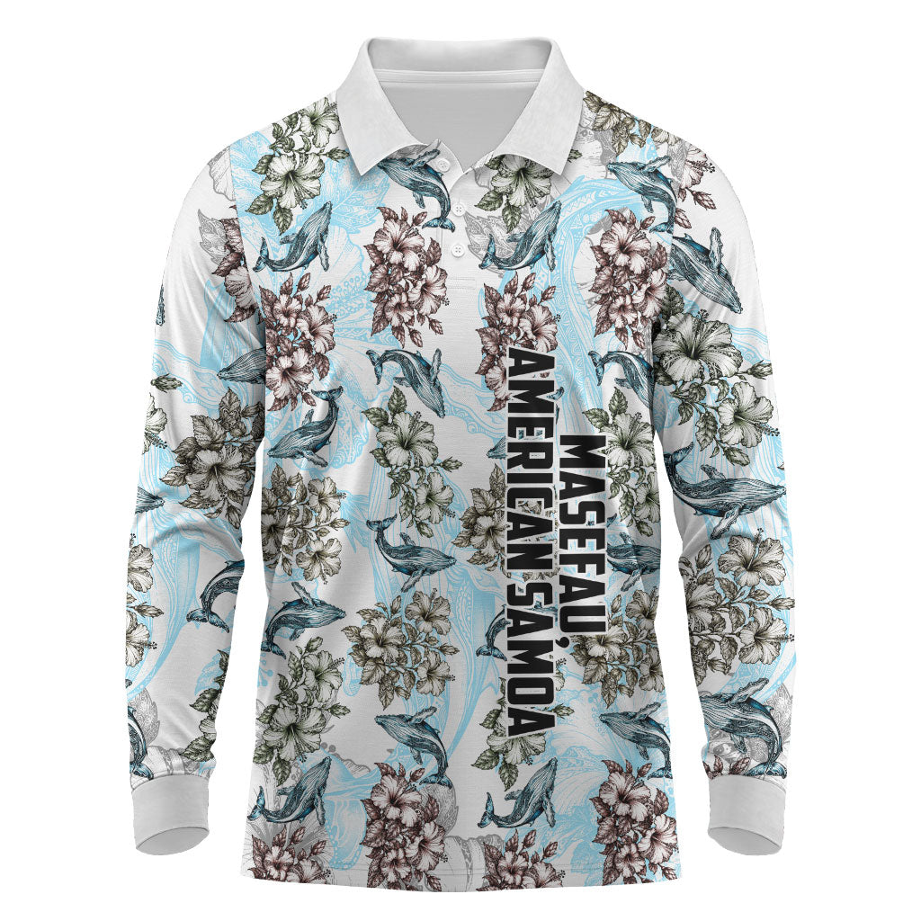 Personalized Masefau American Samoa Long Sleeve Polo Shirt Vintage Whale Hibiscus Ocean Waves TS04 White Blue - Polynesian Pride