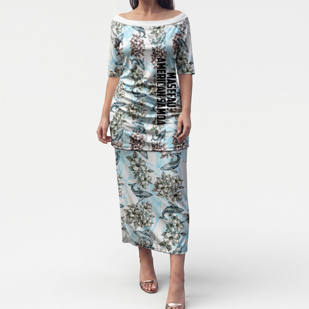Personalized Masefau American Samoa Puletasi Vintage Whale Hibiscus Ocean Waves TS04 Long Dress White Blue - Polynesian Pride