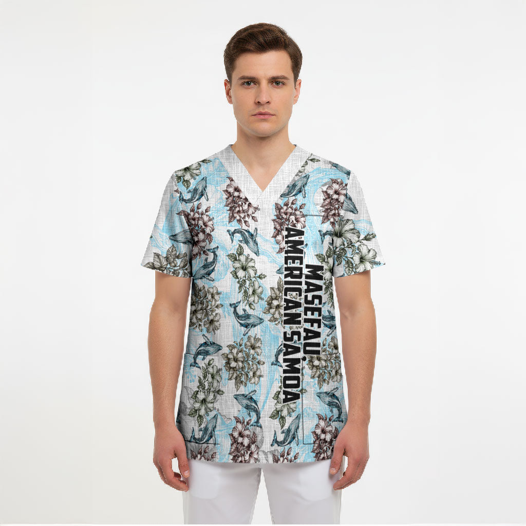 Personalized Masefau American Samoa Scrub Top Vintage Whale Hibiscus Ocean Waves TS04 - Polynesian Pride