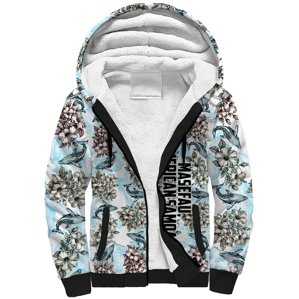 Personalized Masefau American Samoa Sherpa Hoodie Vintage Whale Hibiscus Ocean Waves TS04 Unisex White Blue - Polynesian Pride