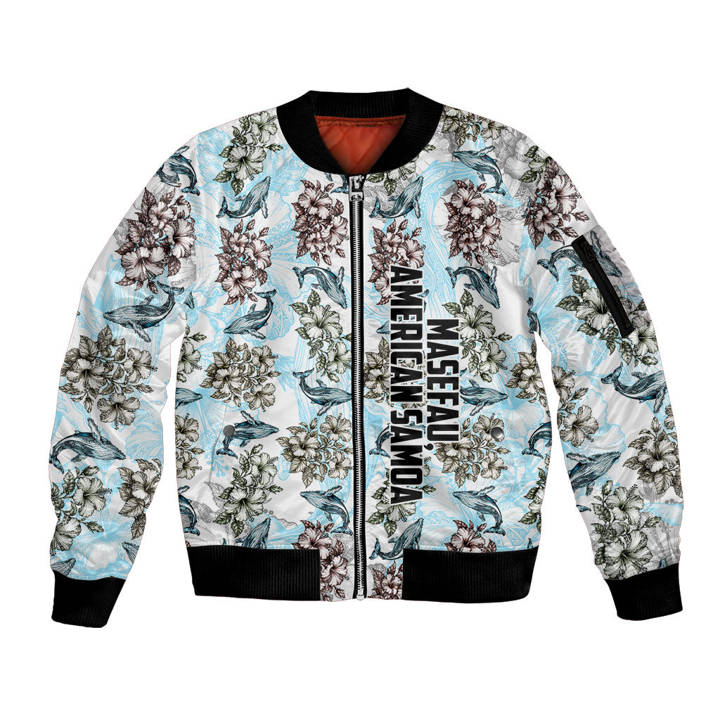 Personalized Masefau American Samoa Sleeve Zip Bomber Jacket Vintage Whale Hibiscus Ocean Waves TS04 Unisex White Blue - Polynesian Pride