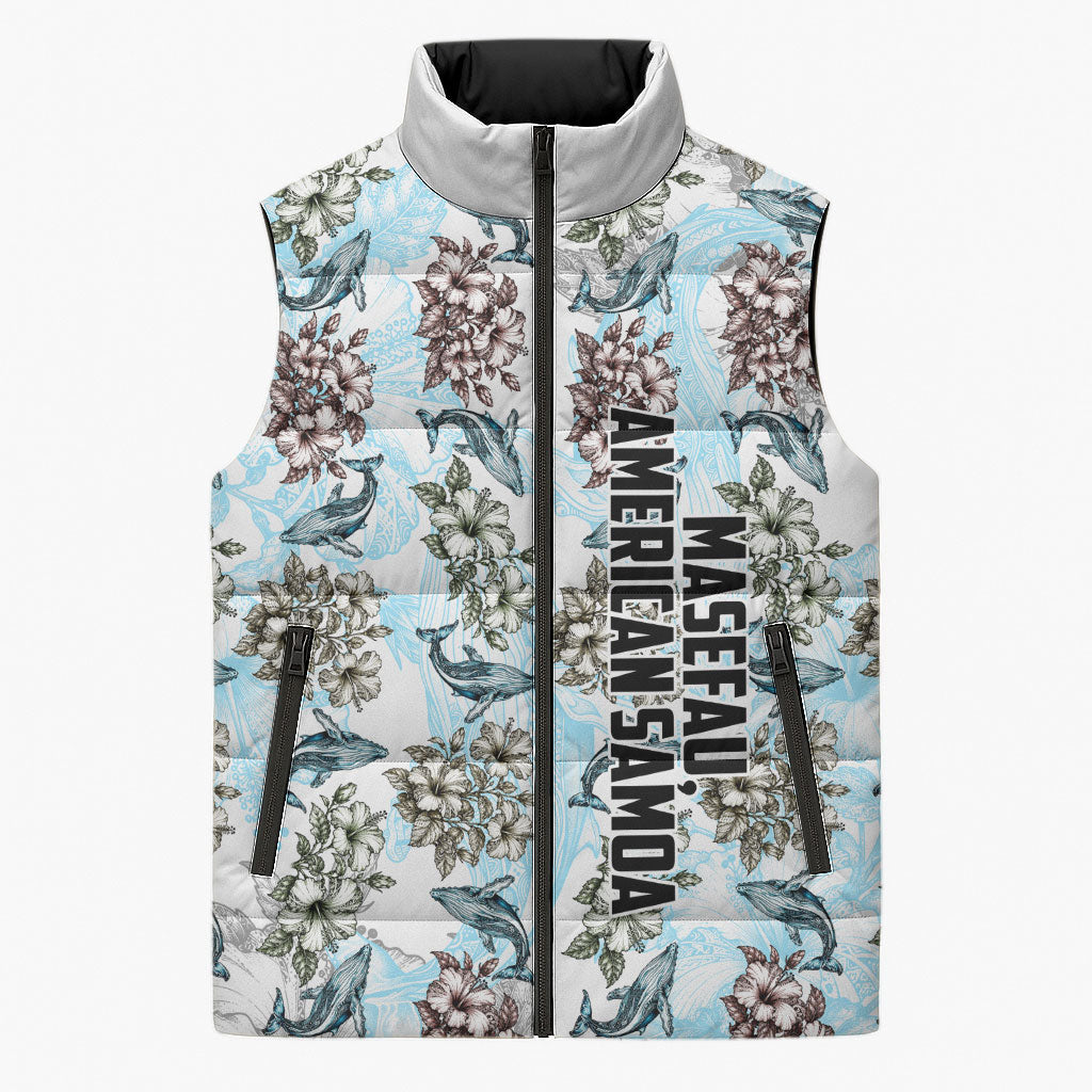 Personalized Masefau American Samoa Sleeveless Puffer Jacket Vintage Whale Hibiscus Ocean Waves TS04 Unisex White Blue - Polynesian Pride