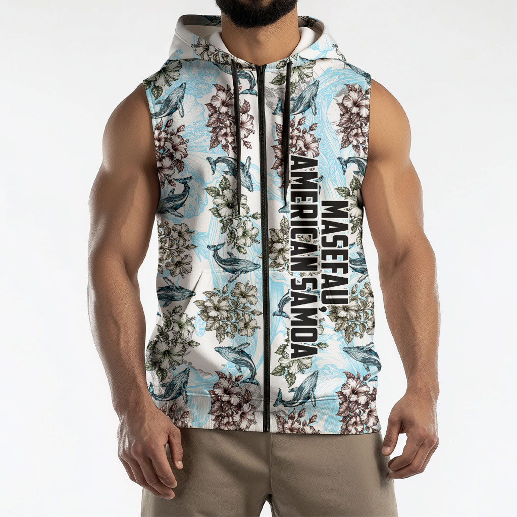 Personalized Masefau American Samoa Sleeveless Zip Hoodie Vintage Whale Hibiscus Ocean Waves TS04 - Polynesian Pride