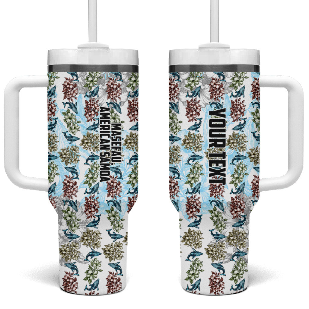 Personalized Masefau American Samoa Tumbler With Handle Vintage Whale Hibiscus Ocean Waves TS04 One Size: 40 oz White Blue - Polynesian Pride