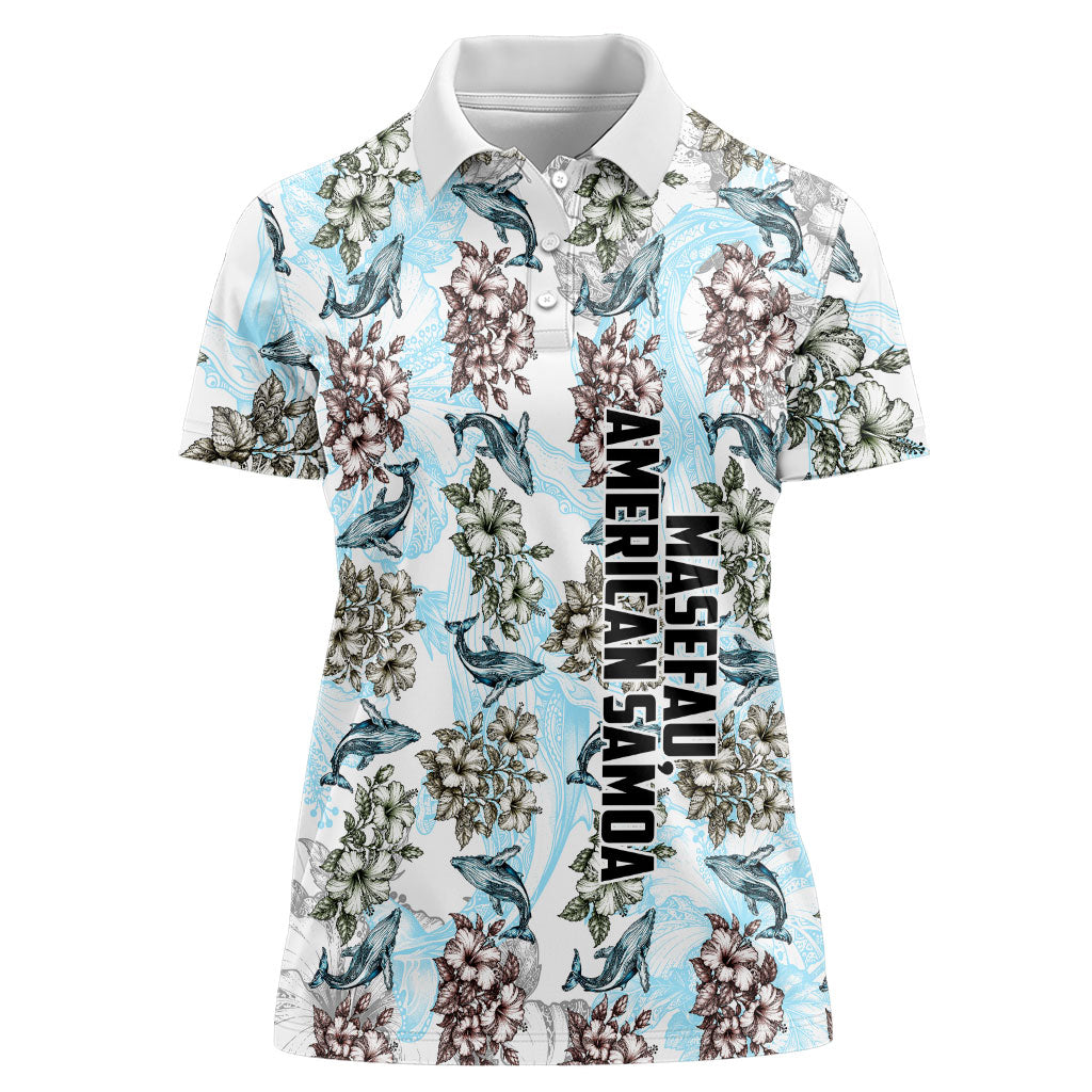 Personalized Masefau American Samoa Women Polo Shirt Vintage Whale Hibiscus Ocean Waves TS04 Female White Blue - Polynesian Pride