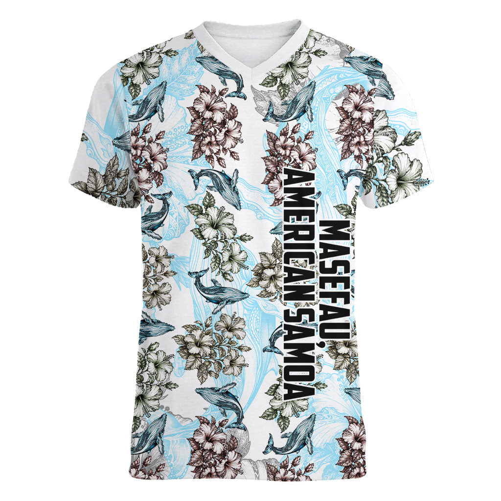 Personalized Masefau American Samoa Women V-Neck T-Shirt Vintage Whale Hibiscus Ocean Waves TS04 Female White Blue - Polynesian Pride