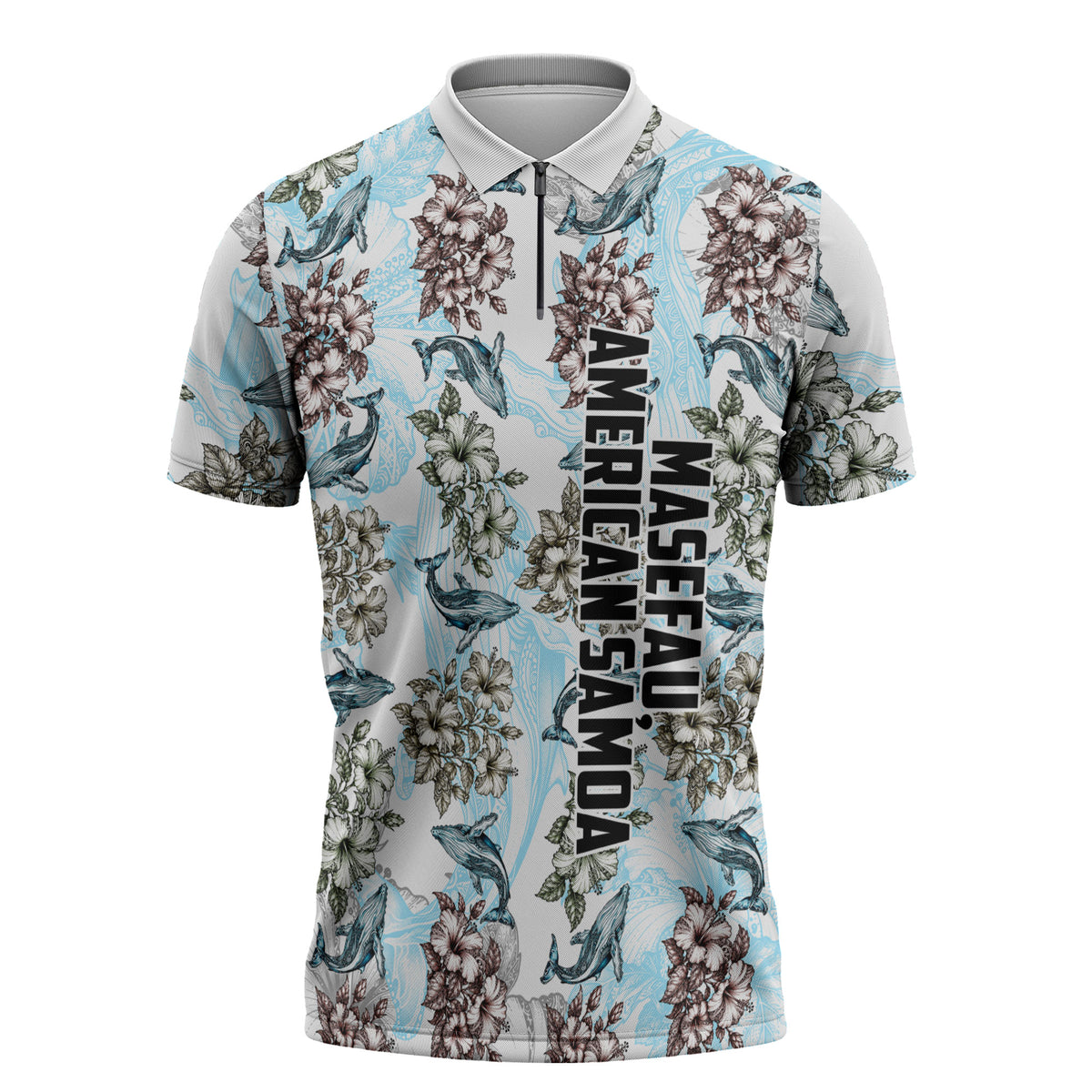 Personalized Masefau American Samoa Zipper Polo Shirt Vintage Whale Hibiscus Ocean Waves TS04 White Blue - Polynesian Pride