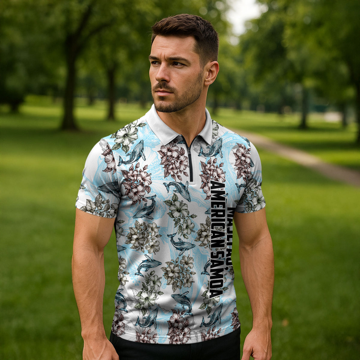 Personalized Masefau American Samoa Zipper Polo Shirt Vintage Whale Hibiscus Ocean Waves TS04 - Polynesian Pride