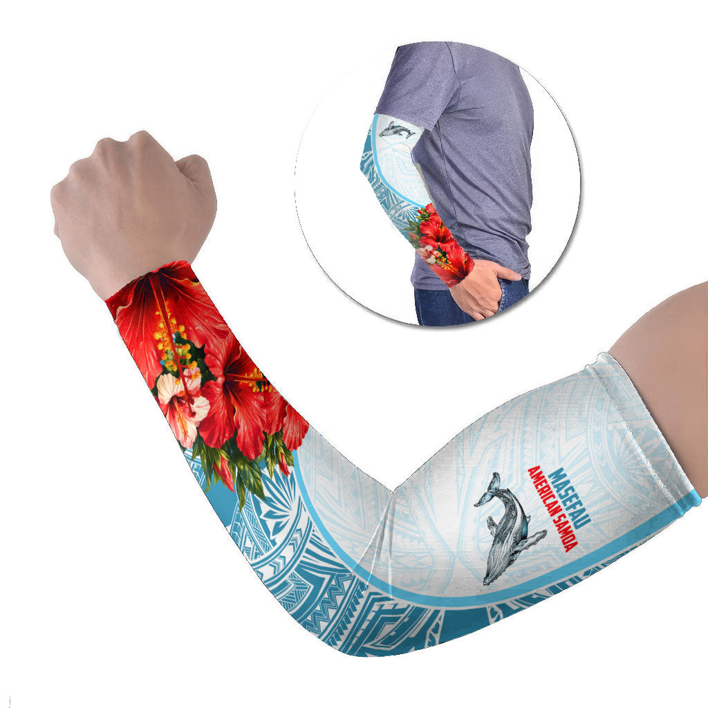 Personalized American Samoa Masefau Arm Sleeves Hibiscus Tropical Floral Whale Polynesian Tribal Pattern TS04 Set of 2 White Blue - Polynesian Pride