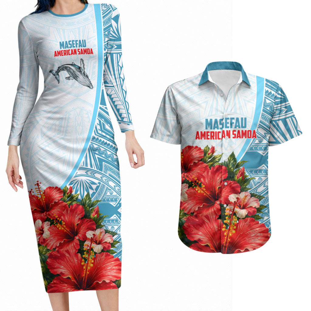 Personalized American Samoa Masefau Couples Matching Long Sleeve Bodycon Dress and Hawaiian Shirt Hibiscus Tropical Floral Whale Polynesian Tribal Pattern TS04 White Blue - Polynesian Pride