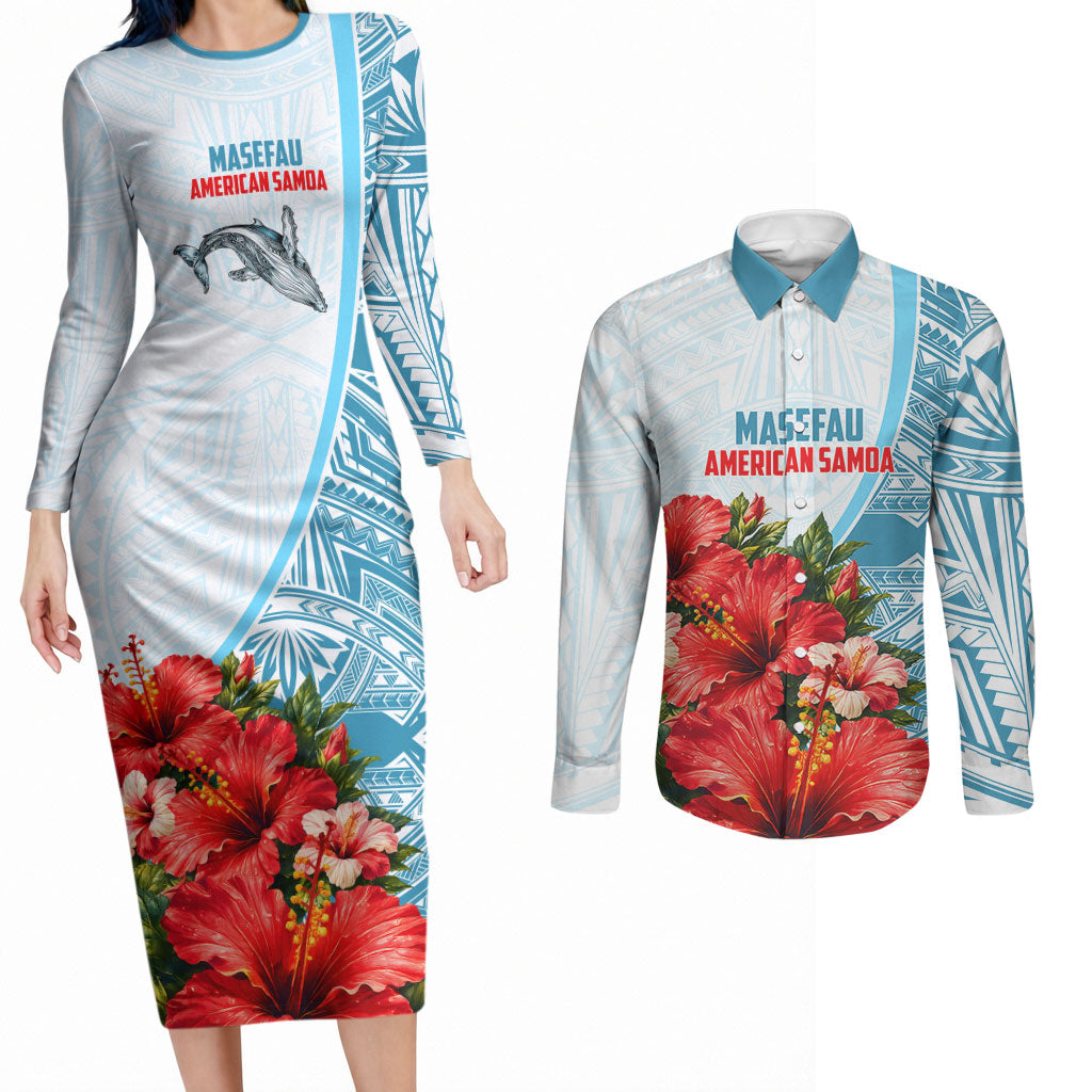 Personalized American Samoa Masefau Couples Matching Long Sleeve Bodycon Dress and Long Sleeve Button Shirt Hibiscus Tropical Floral Whale Polynesian Tribal Pattern TS04 White Blue - Polynesian Pride