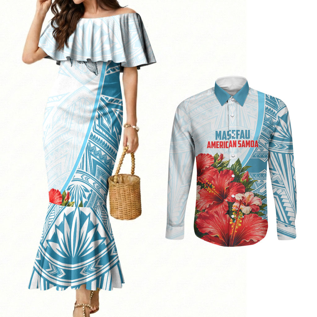 Personalized American Samoa Masefau Couples Matching Mermaid Dress and Long Sleeve Button Shirt Hibiscus Tropical Floral Whale Polynesian Tribal Pattern TS04 White Blue - Polynesian Pride